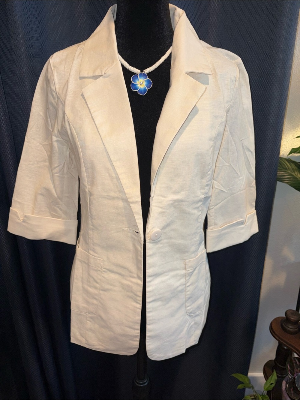 Cream Women's Linen-Blend Blazer Jacket One-Button Front 3/4 Sleeves